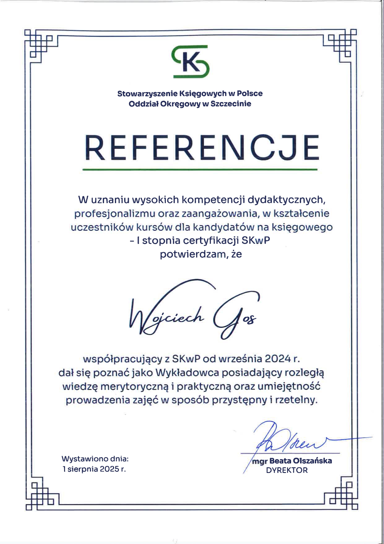 Certyfikat Wojciech Gos